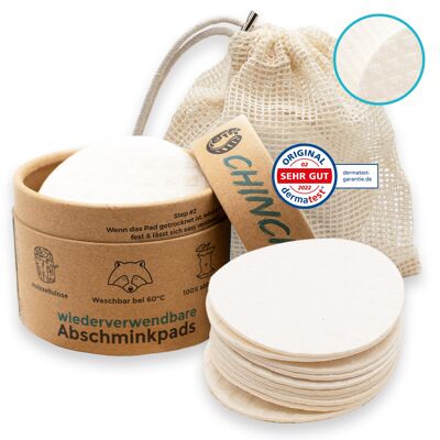 Almohadillas desmaquillantes de tela esponjosa | Lavable a 90°C y Fabricado en Alemania | 10 almohadillas sostenibles con caja para almacenamiento y red de lavado