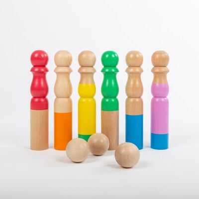 Bowling-Set aus Holz in Regenbogenfarben