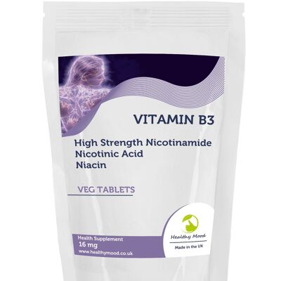 Vitamina B3 16 mg, ácido nicotínico, niacina, 60 comprimidos, paquete de recarga