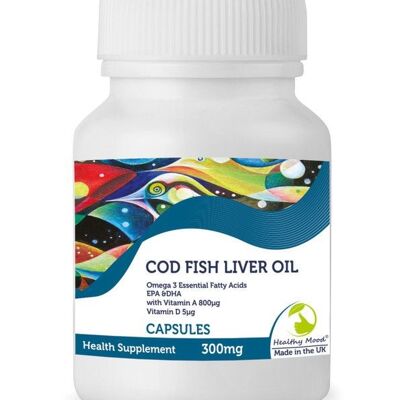 Hígado de bacalao 300 mg Cápsulas Vitamina A y D Omega 3 Aceite de pescado 30 Cápsulas BOTELLA