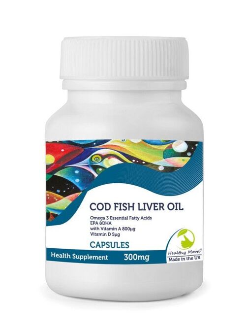 Cod liver 300mg Capsules Vitamin A and D Omega 3 Fish Oil 60 Capsules BOTTLE