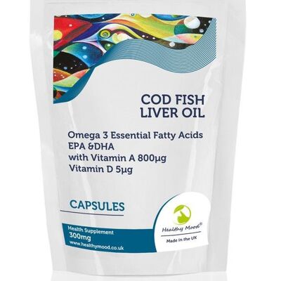 Fegato di Merluzzo 300mg Capsule Vitamina A e D Omega 3 Olio di Pesce Confezione Ricarica 90 Capsule
