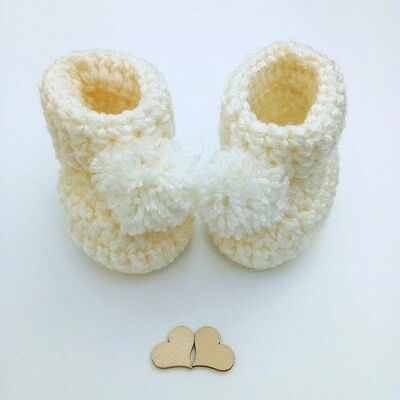 Chunky Cream Baby New Born Booties with PomPoms