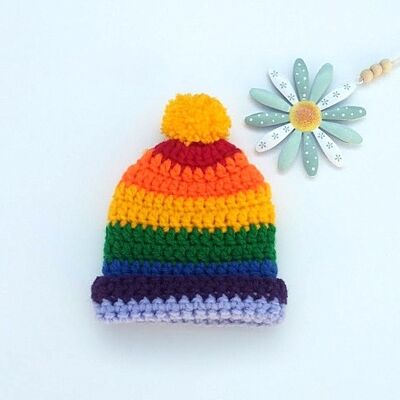 Rainbow Bobble Hat for New Born Baby with Yellow PomPom