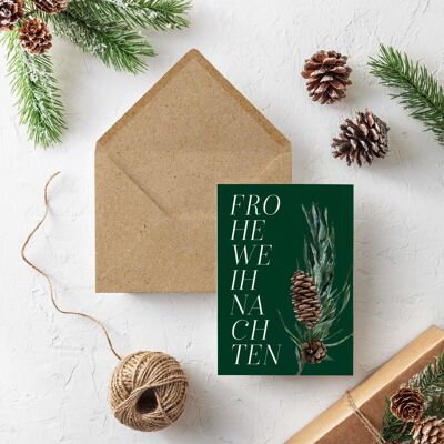 Weihnachtskarte Grußkarte mit Briefumschlag, Aquarell Tannenzweig Dunkelgrün