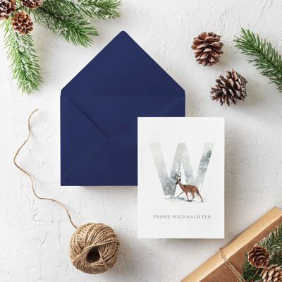 Weihnachtskarte Grußkarte mit Briefumschlag, Aquarell Hirsch