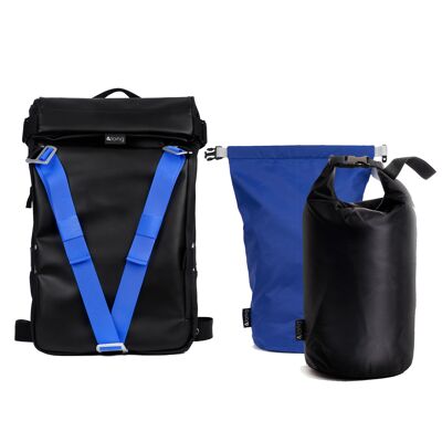 Pack mochila + correa azul eléctrico + módulo isotérmico + módulo estanco