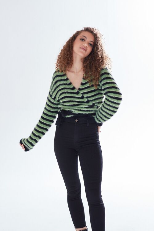 AW21/22- Liquorish striped wrap-around cardigan in green & black-Size XS