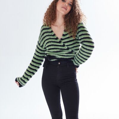 AW21 / 22- Cárdigan cruzado a rayas Liquorish en verde y negro-Talla XS