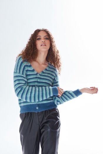 AW21/22- Cardigan rayé texturé Liquorish dans les tons bleu, turquoise et blanc -Taille XS 5