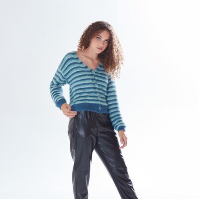 AW21/22- Liquorish textured striped cardigan in blue, turquoise & white tones-Size S