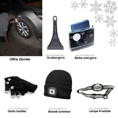 Offre Givrée Zigoh by Valerie Nylin : 25pcs = 5 gants tactiles + 5 bonnets lumineux + 5 lampes frontale + 5 gratte-givre + 5 bache anti-givre