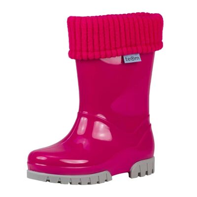 Pink shiny wellies with socks