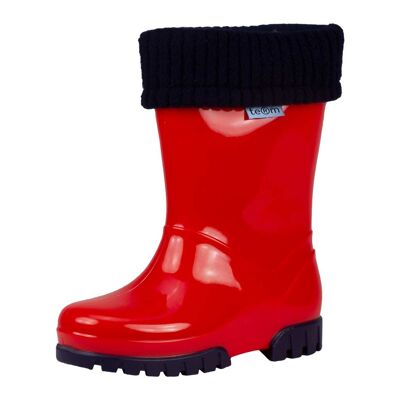 Red shiny wellies with socks