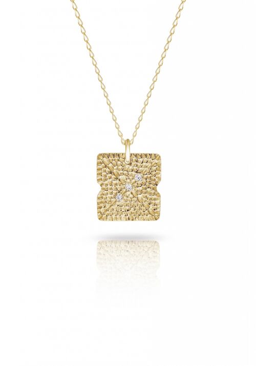 9 Carat Textured Square Necklace With White Diamond__Yellow Gold
