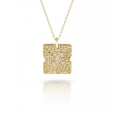9 Carat Textured Square Necklace With White Diamond__Yellow Gold