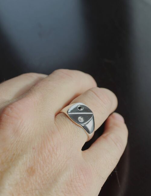 Silver Signet Ring With Black And White Diamonds