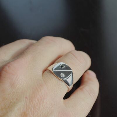 Silver Signet Ring With Black And White Diamonds