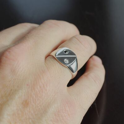 Silver Signet Ring With Black And White Diamonds