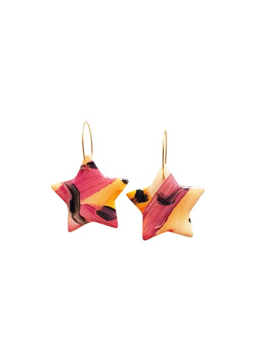 Orange, Pink, Black Brushstroke Star Clay Earrings
