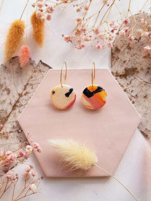 Orange, Pink, Black Brushstroke Circle Clay Earrings