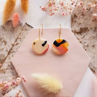 Orange, Pink, Black Brushstroke Circle Clay Earrings