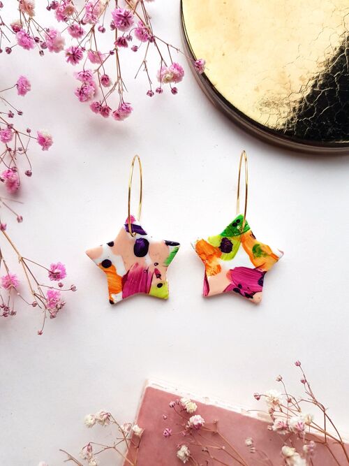 Abstract Rainbow Star Hoop Clay Earrings