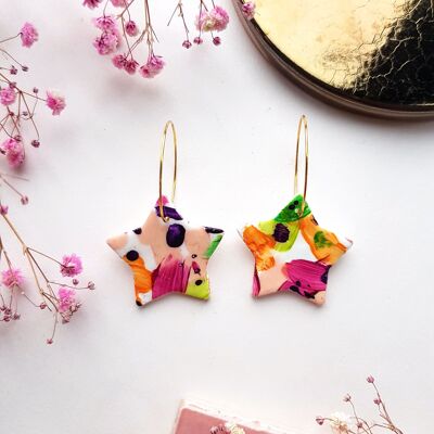 Abstract Rainbow Star Hoop Clay Earrings