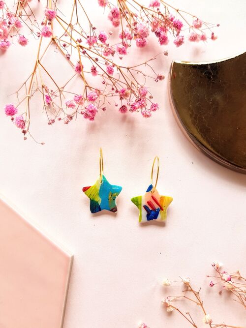 Green, Blue and Red Artistic Tiny Star Earrings