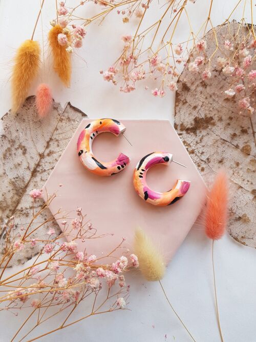 Orange, Pink, Black Brushstroke Regular Hoop Clay Earrings