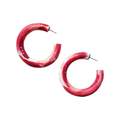 Boucles d'oreilles grandes créoles en pâte polymère rouge, rose et blanche