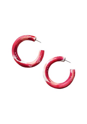 Boucles d'oreilles grandes créoles en pâte polymère rouge, rose et blanche 1