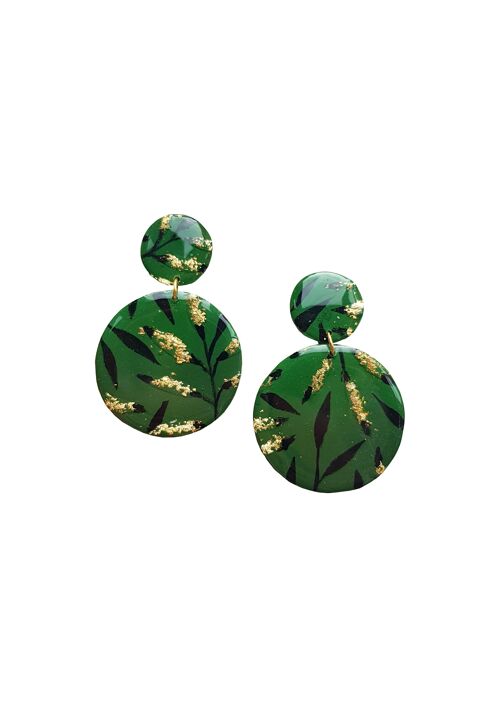 Green Ombre, Black and Gold Leaf Polymer Clay Drop Earrings