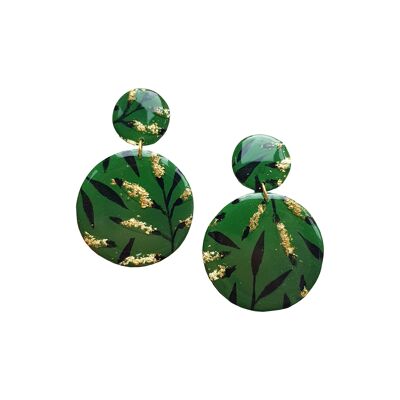 Boucles d'oreilles pendantes en pâte polymère ombrée verte, noire et feuille d'or