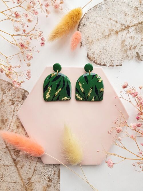 Green Ombre, Black and Gold Leaf Polymer Clay Arch Earrings