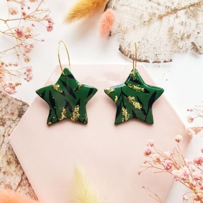 Green Ombre, Black and Gold Leaf Polymer Clay Star Earrings