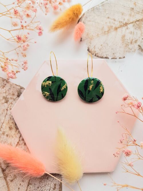 Green Ombre, Black and Gold Leaf Polymer Clay Circle Earrings