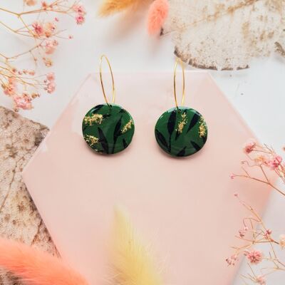 Green Ombre, Black and Gold Leaf Polymer Clay Circle Earrings