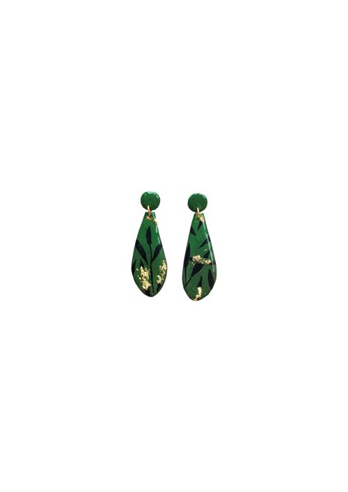 Green Ombre, Black and Gold Leaf Polymer Clay Stella Earrings