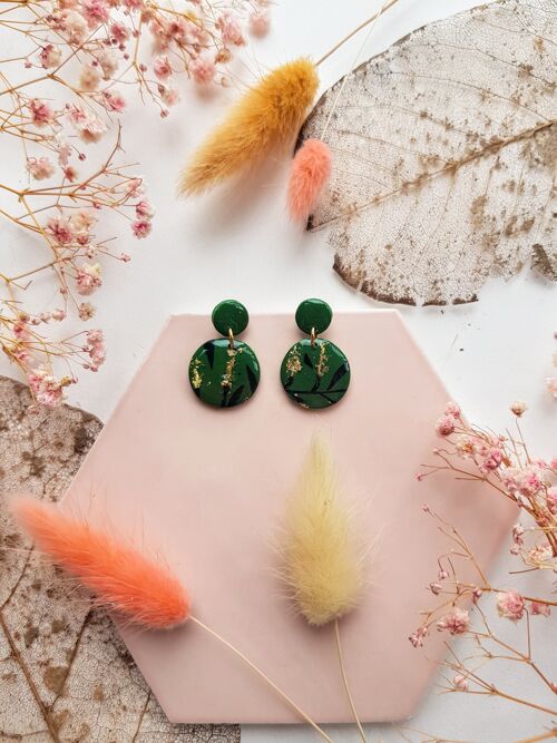 Green Ombre, Black and Gold Leaf Polymer Clay Tiny Drop Earrings