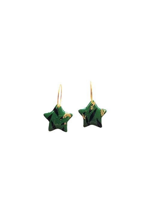 Green Ombre, Black and Gold Leaf Polymer Clay Tiny Star Earrings