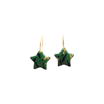 Green Ombre, Black and Gold Leaf Polymer Clay Tiny Star Earrings