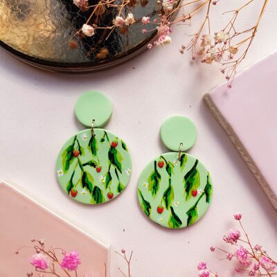 Strawberry and Green Drops Clay Earrings