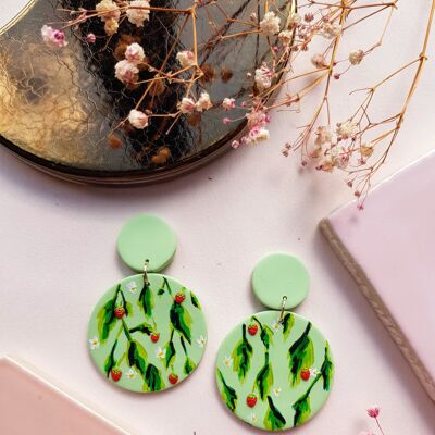 Strawberry and Green Drops Clay Earrings