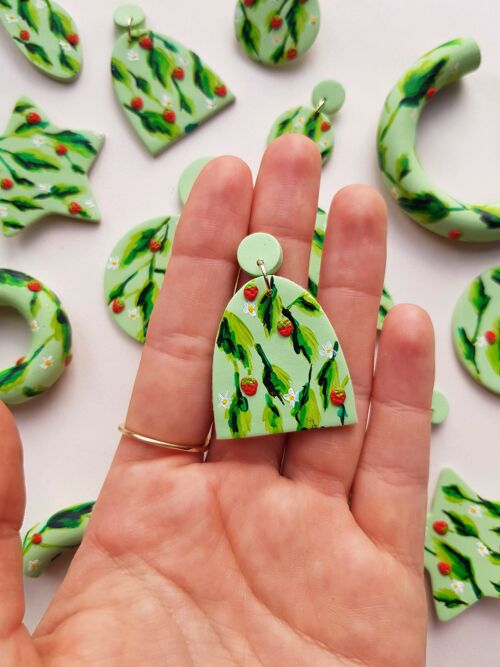 Strawberry and Green Arch Clay Earrings