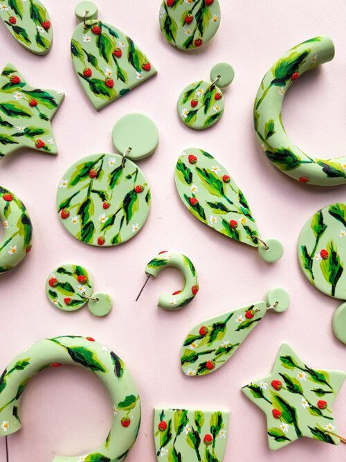 Strawberry and Green Earrings , Tiny Hoops