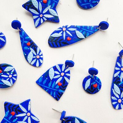 Blue Daisy Flower Earrings , Blue Drops