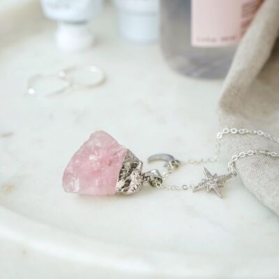 925 Sterling Silver Raw Cut Rose Quartz Moon & Star Necklace