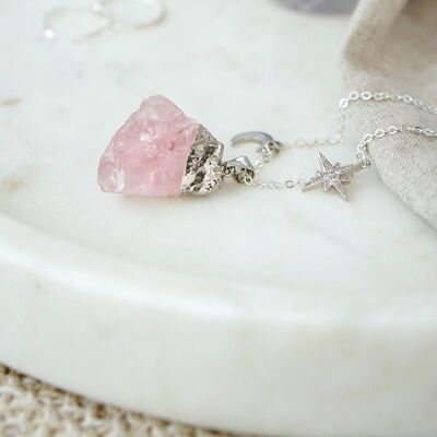 925 Sterling Silver Raw Cut Rose Quartz Moon & Star Necklace