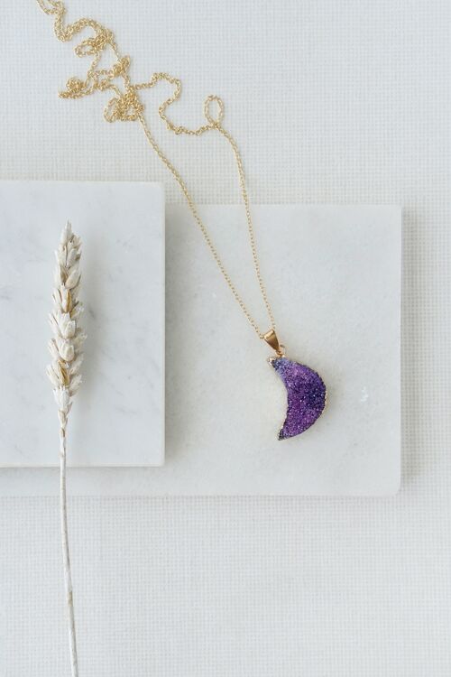 Gold Tone Raw Purple Crystal Half Moon Necklace